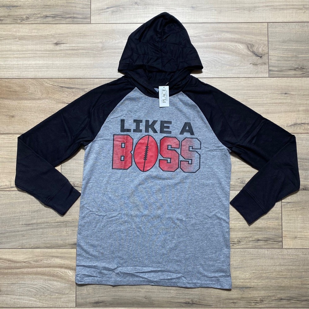 Childrens Place Boys Like A Boss Graphic Raglan Hooded Top Size XXL 16 Gray